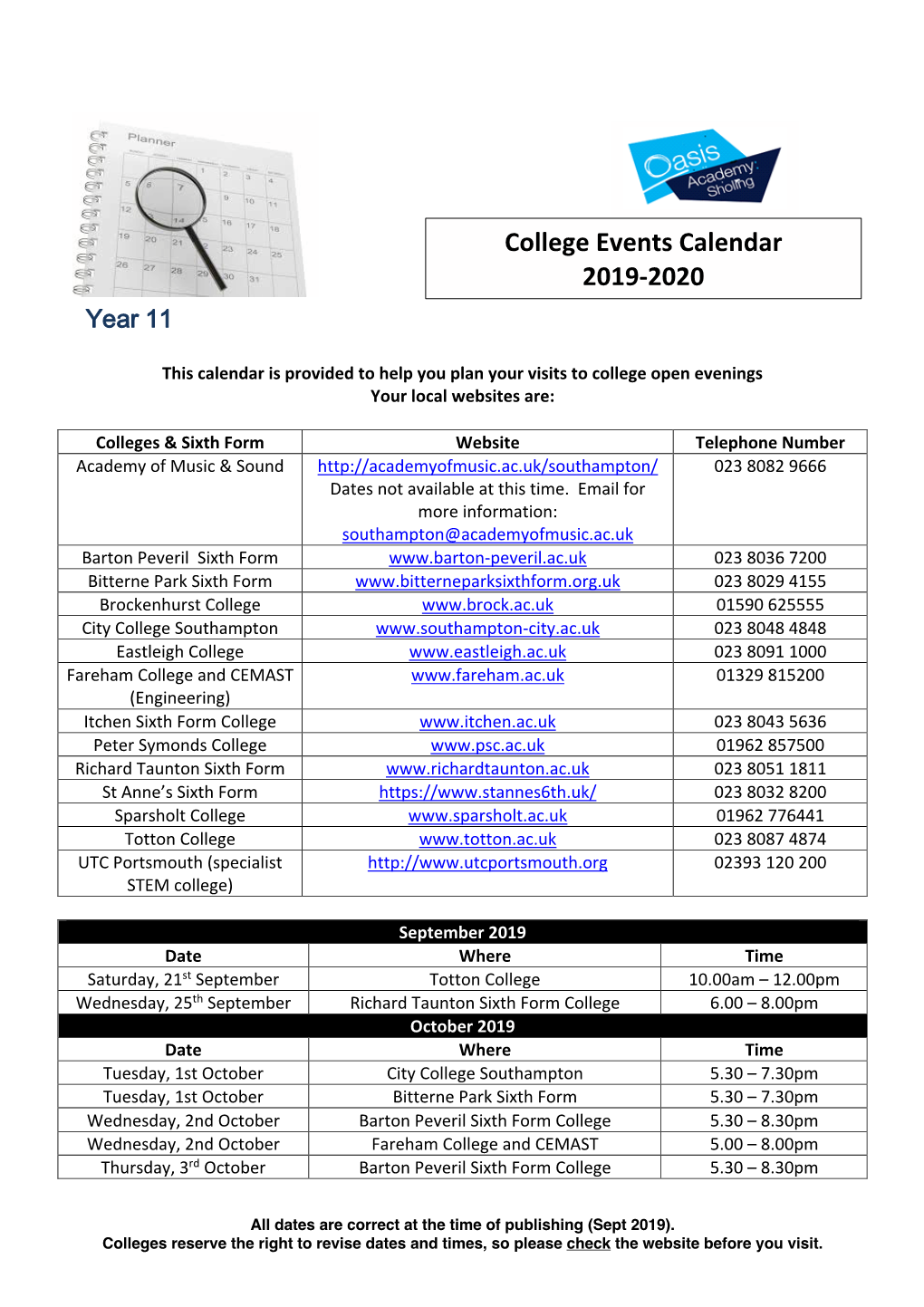 College Events Calendar 2019-2020