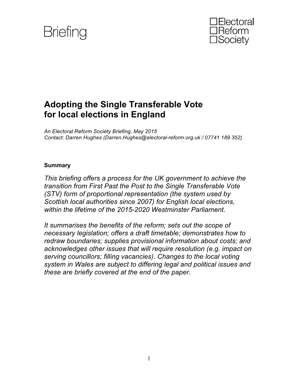 Adopting the Single Transferable Vote for Local Elections in England