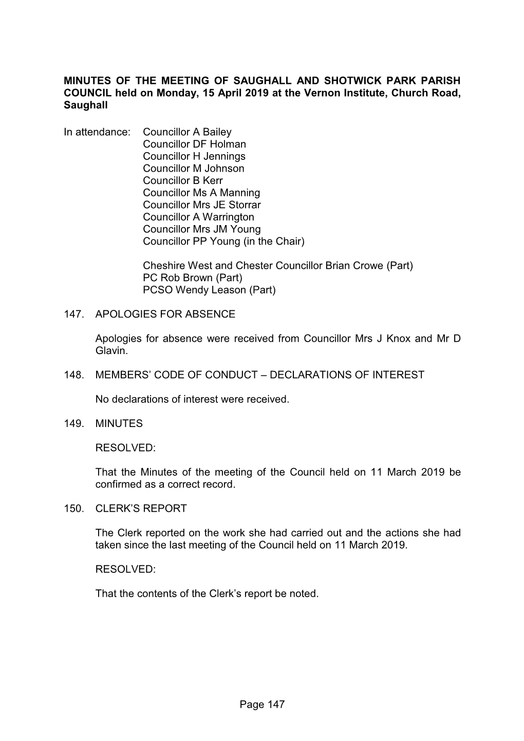 Minutes of the Council Meeting Held on 15Th April 2019