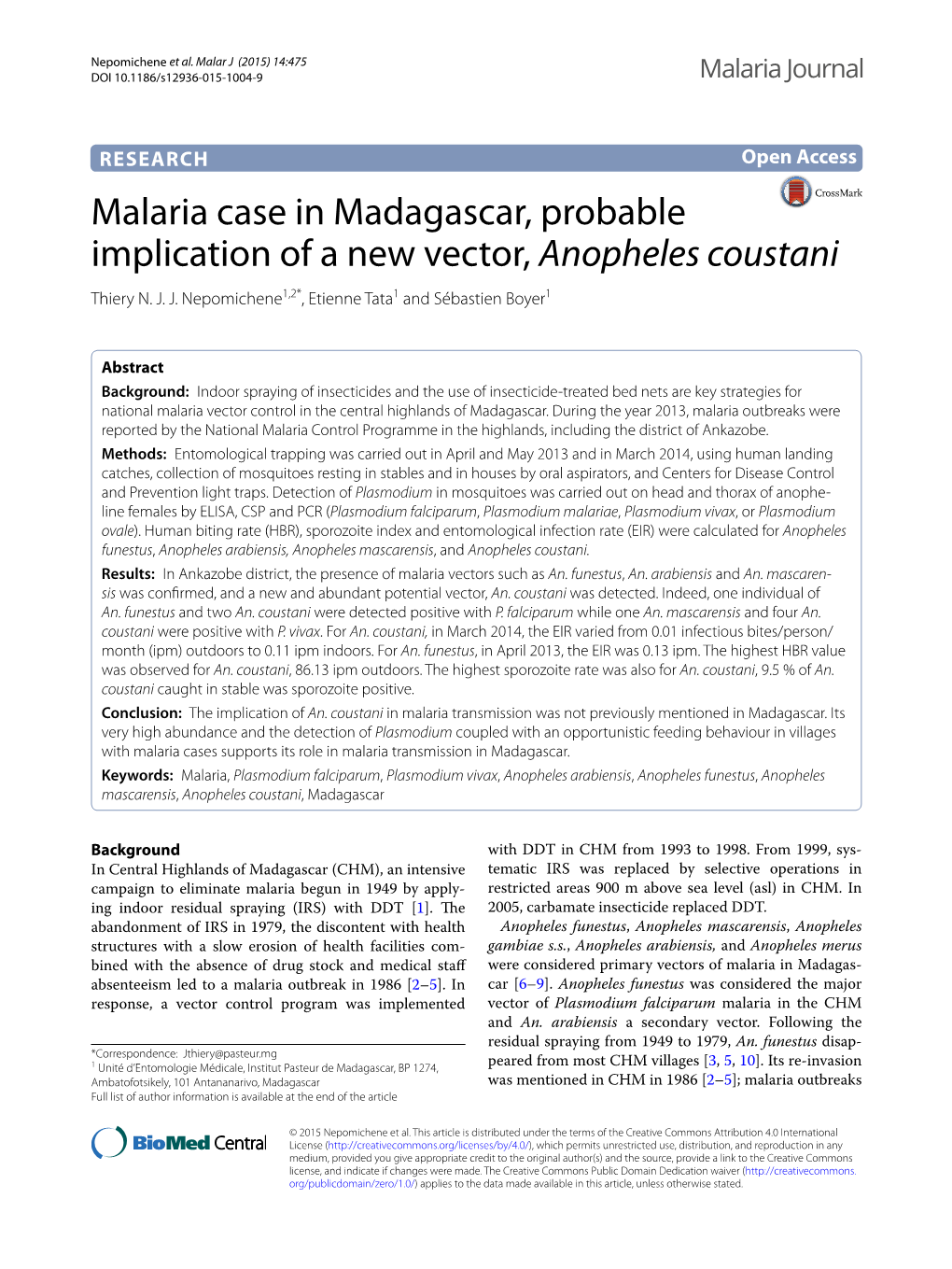 Malaria Case in Madagascar, Probable Implication of a New Vector, Anopheles Coustani Thiery N