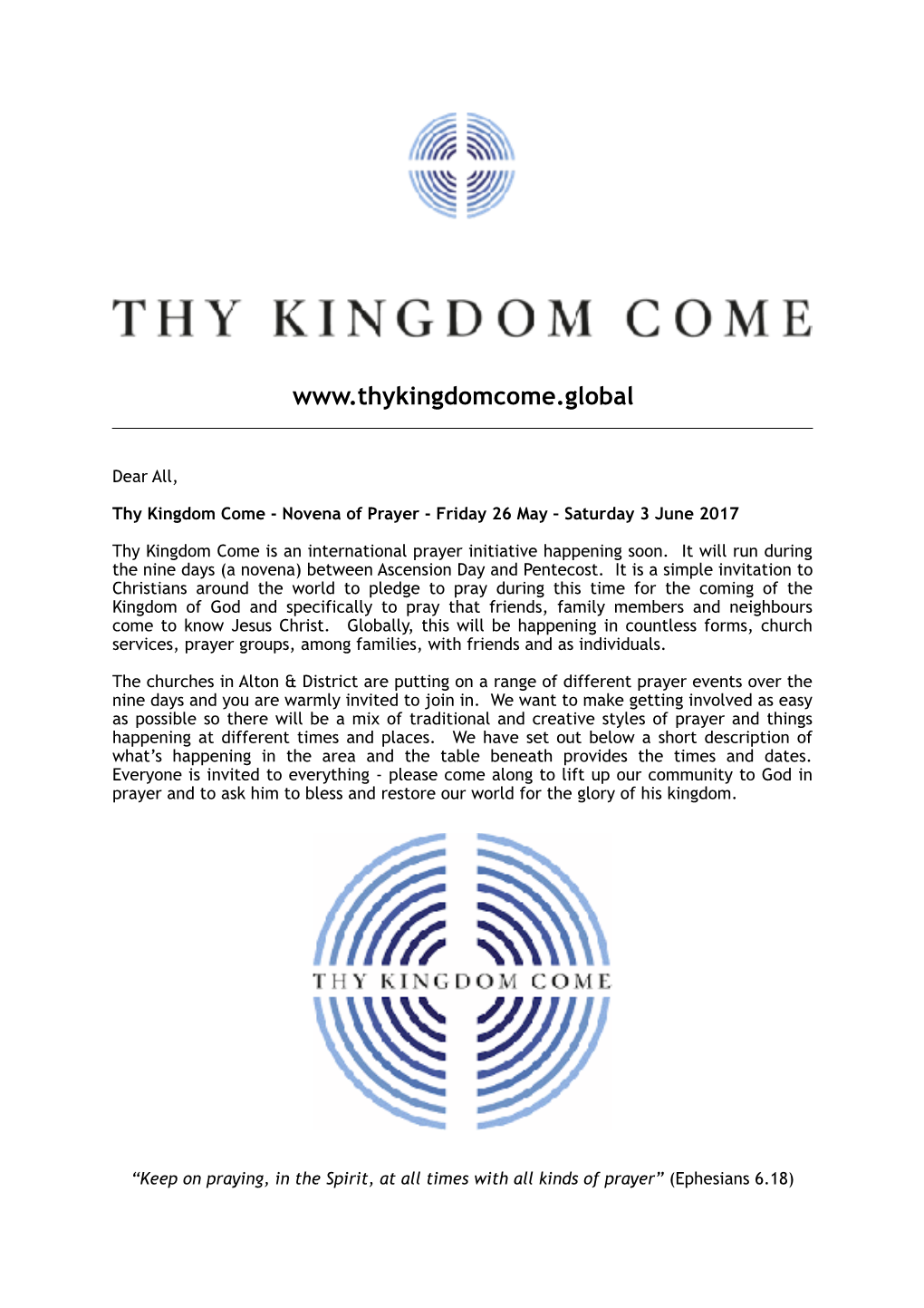 Thy Kingdom Come - Novena of Prayer - Friday 26 May – Saturday 3 June 2017