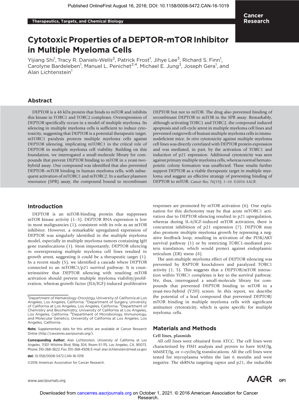 Cytotoxic Properties of a DEPTOR-Mtor Inhibitor in Multiple Myeloma Cells Yijiang Shi1, Tracy R