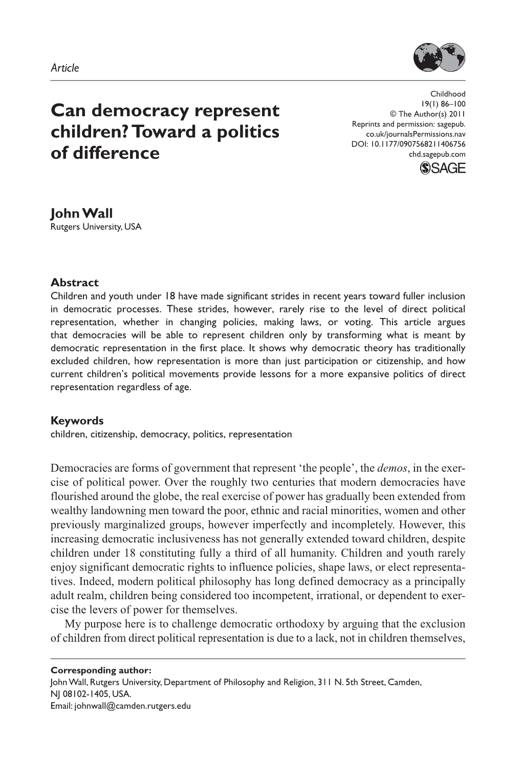 Can Democracy Represent Children? Toward a Politics of Difference