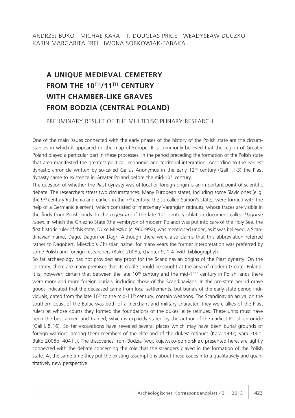 A Unique Medieval Cemetery from the 10Th/11Th Century with Chamber-Like Graves from Bodzia (Central Poland)