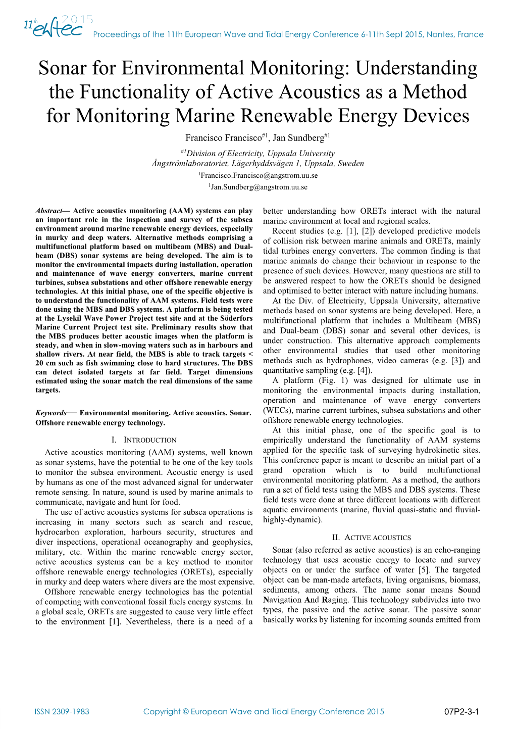 Sonar for Environmental Monitoring: Understanding the Functionality of Active Acoustics As a Method for Monitoring Marine Renewa