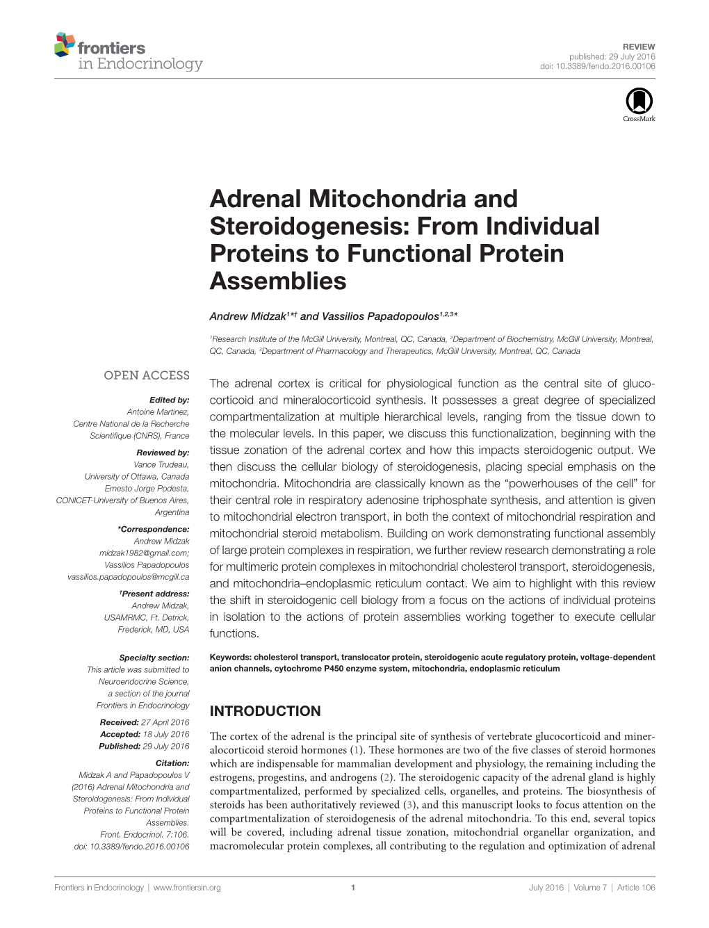Adrenal Mitochondria and Steroidogenesis: from Individual Proteins to Functional Protein Assemblies