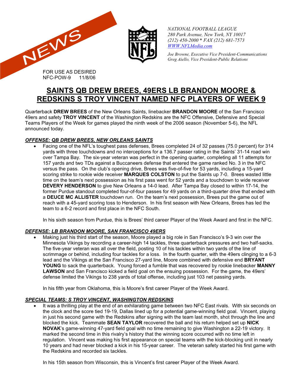 Saints Qb Drew Brees, 49Ers Lb Brandon Moore & Redskins S Troy Vincent Named Nfc Players of Week 9