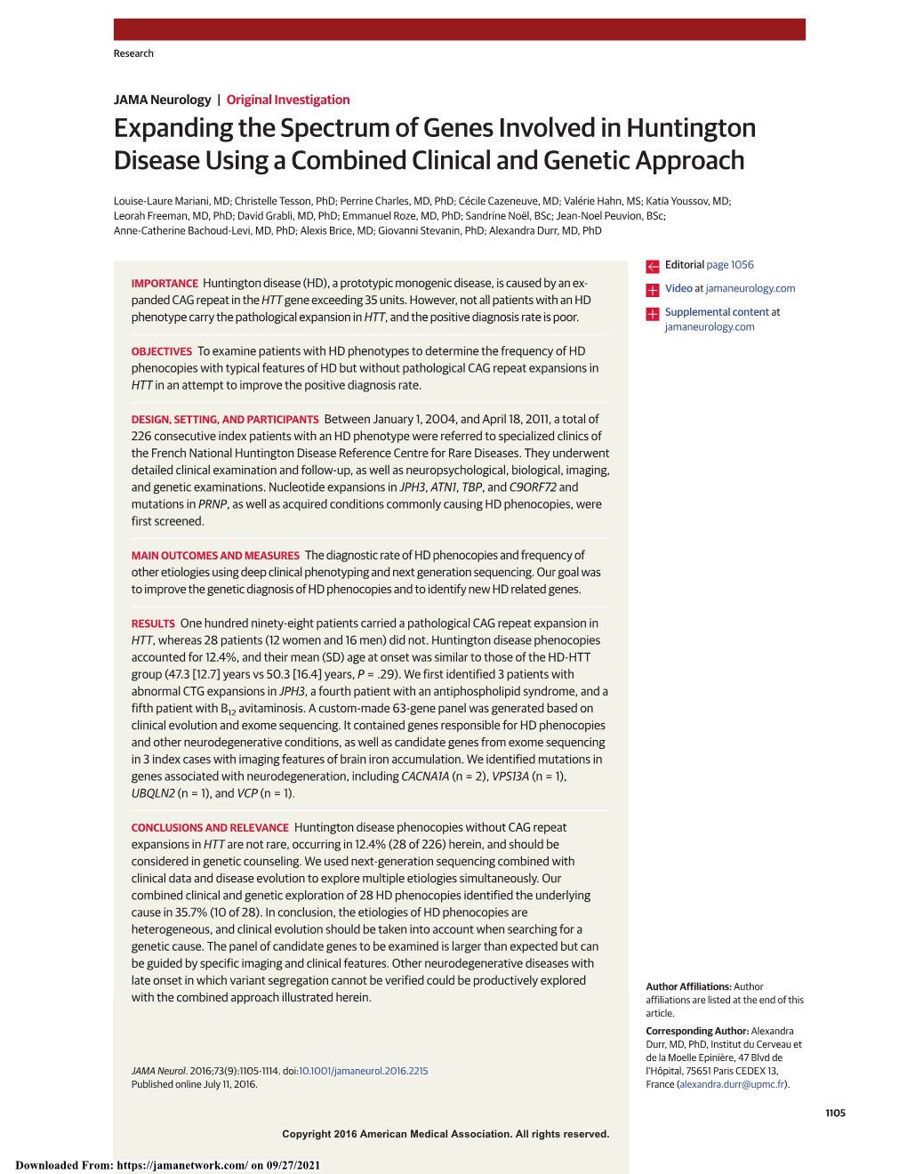 Expanding the Spectrum of Genes Involved in Huntington Disease Using a Combined Clinical and Genetic Approach