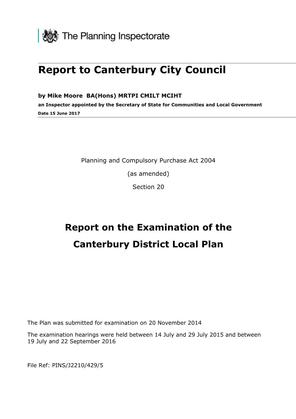 Report on the Examination of the Canterbury District Local Plan
