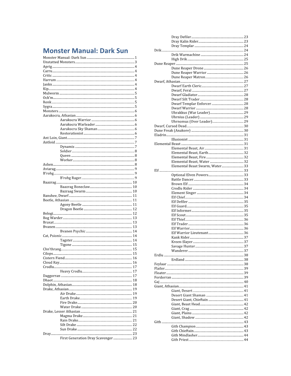 Dark Sun Monster Manual