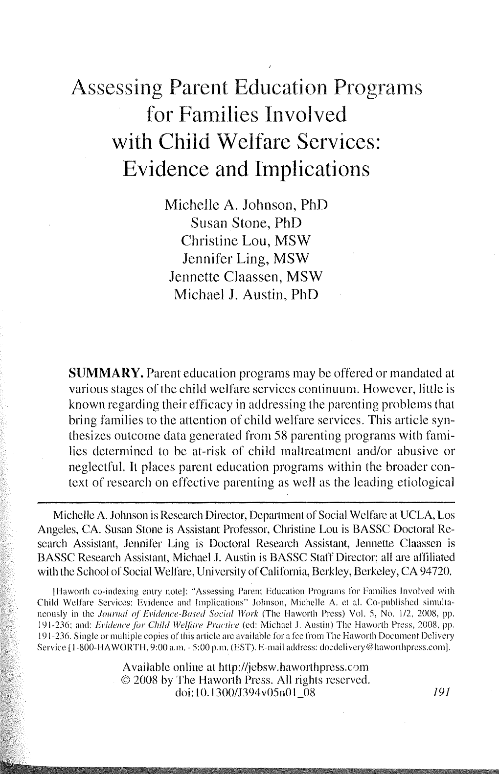 Assessing Parent Education Progrmns for Families Involved with Child Welfare Services: Evidence and Implications