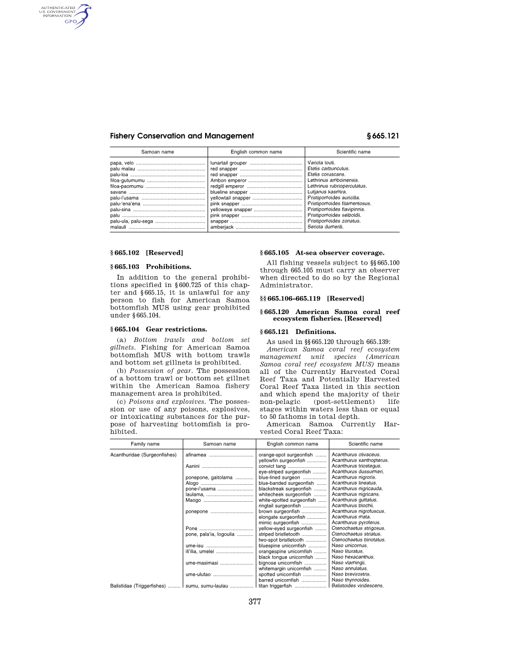 Fishery Conservation and Management § 665.121