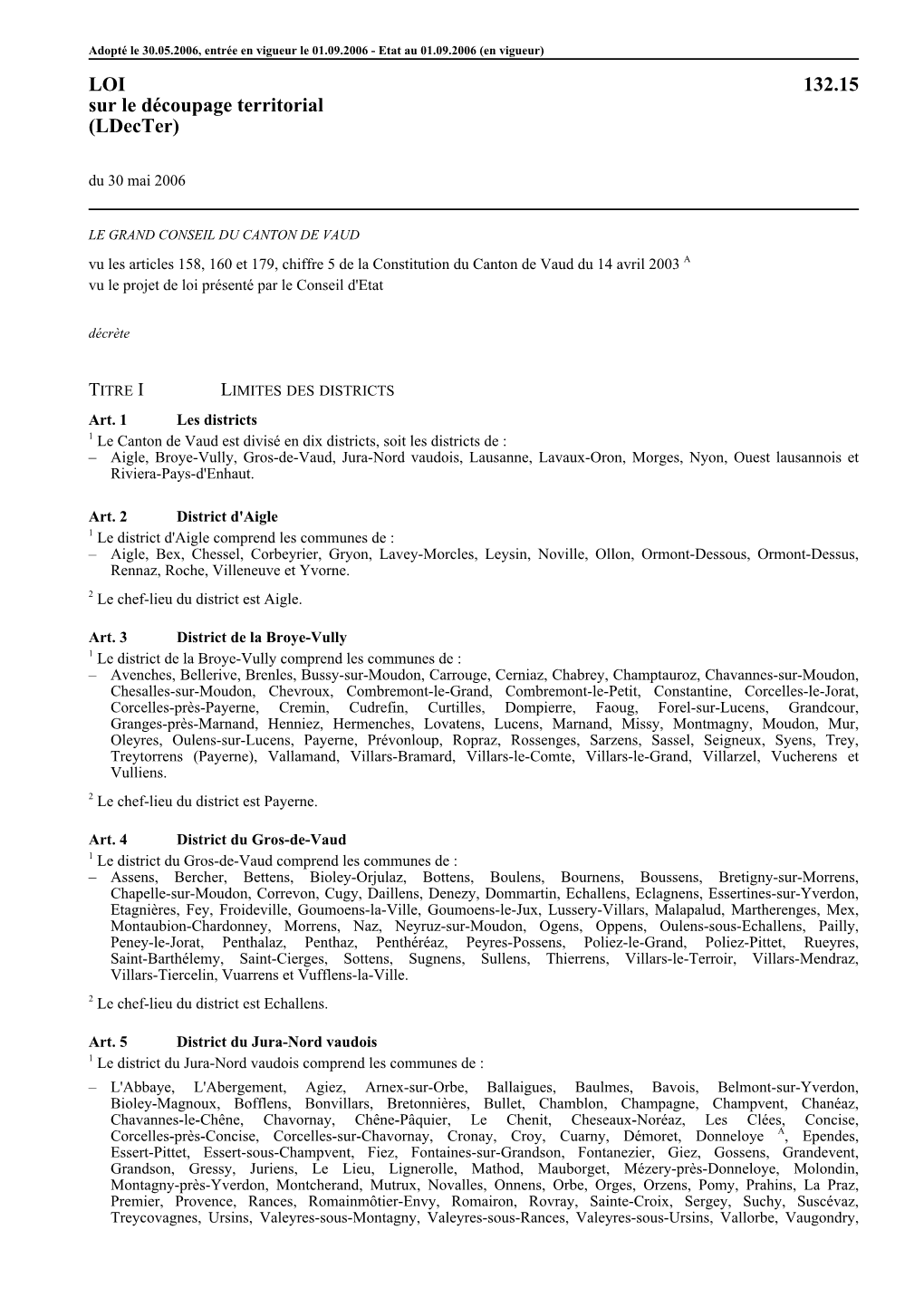 LOI 132.15 Sur Le Découpage Territorial (Ldecter) Du 30 Mai 2006