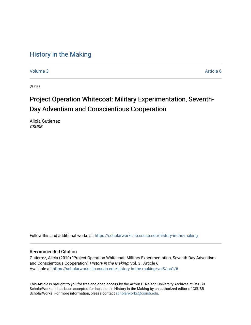 Project Operation Whitecoat: Military Experimentation, Seventh- Day Adventism and Conscientious Cooperation