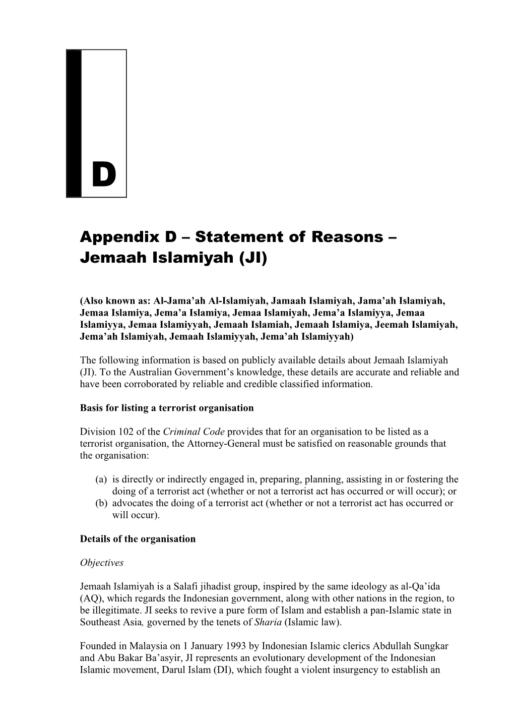 Appendix D – Statement of Reasons – Jemaah Islamiyah (JI)