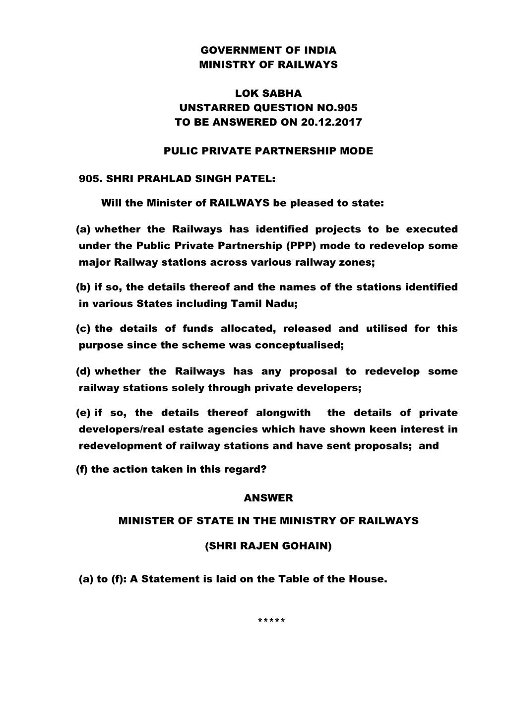 Government of India Ministry of Railways Lok Sabha