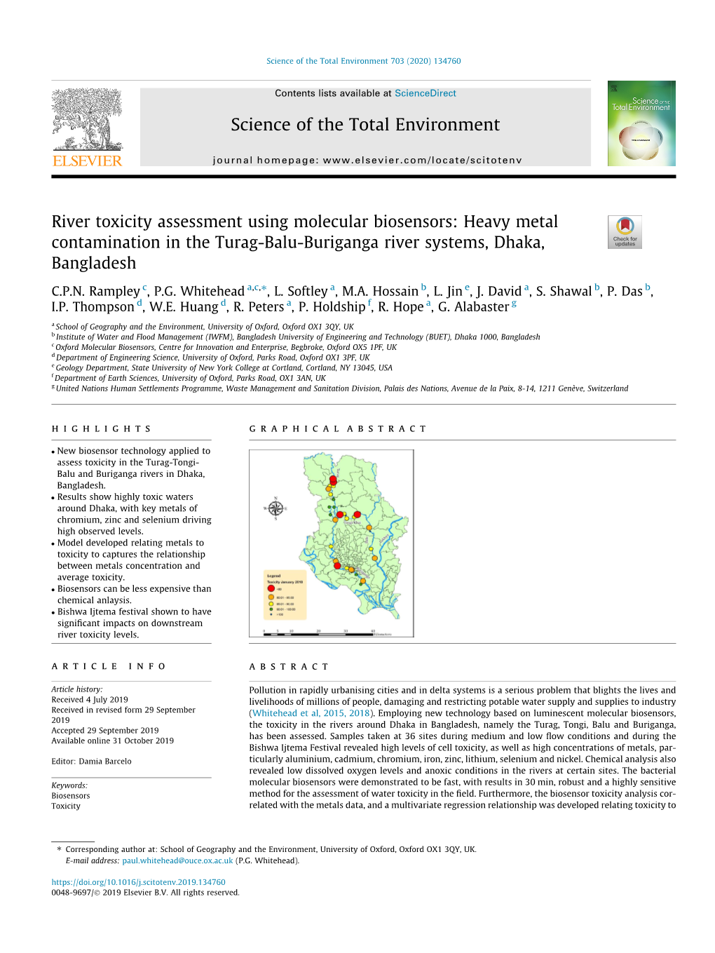 River Toxicity Assessment Using Molecular Biosensors: Heavy Metal Contamination in the Turag-Balu-Buriganga River Systems, Dhaka, Bangladesh ⇑ C.P.N