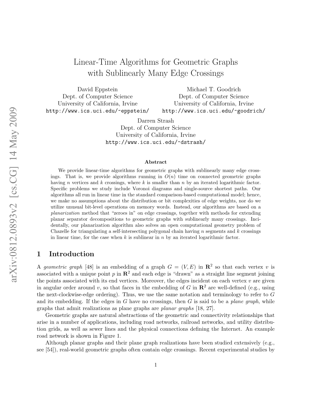 Linear-Time Algorithms for Geometric Graphs with Sublinearly Many Edge Crossings