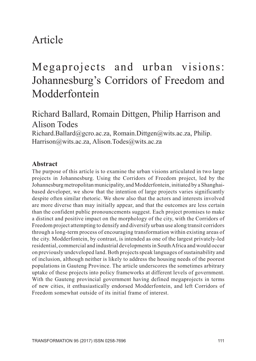 Article Megaprojects and Urban Visions: Johannesburg's Corridors of Freedom and Modderfontein