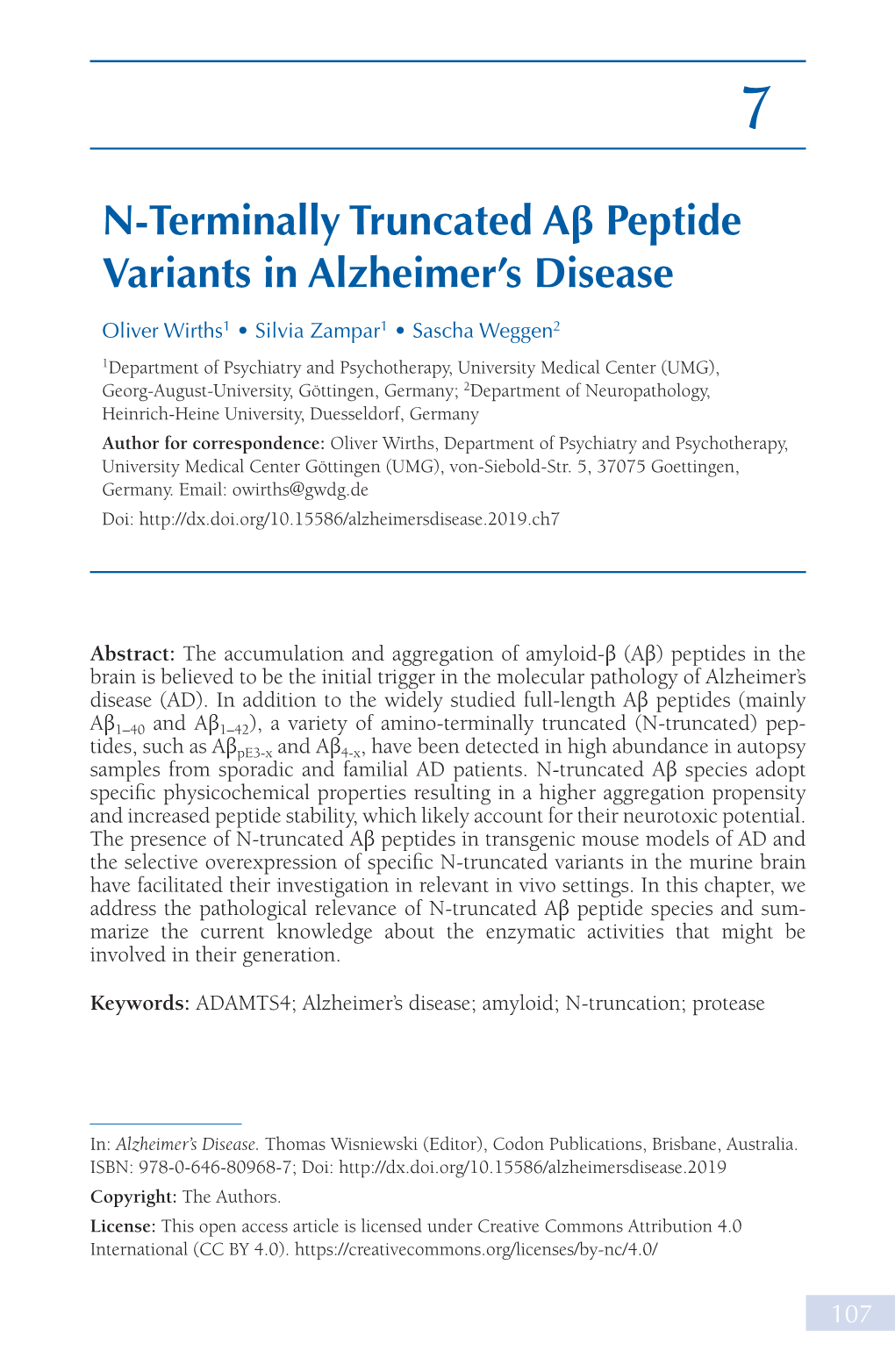 N-Terminally Truncated Aβ Peptide Variants in Alzheimer's Disease