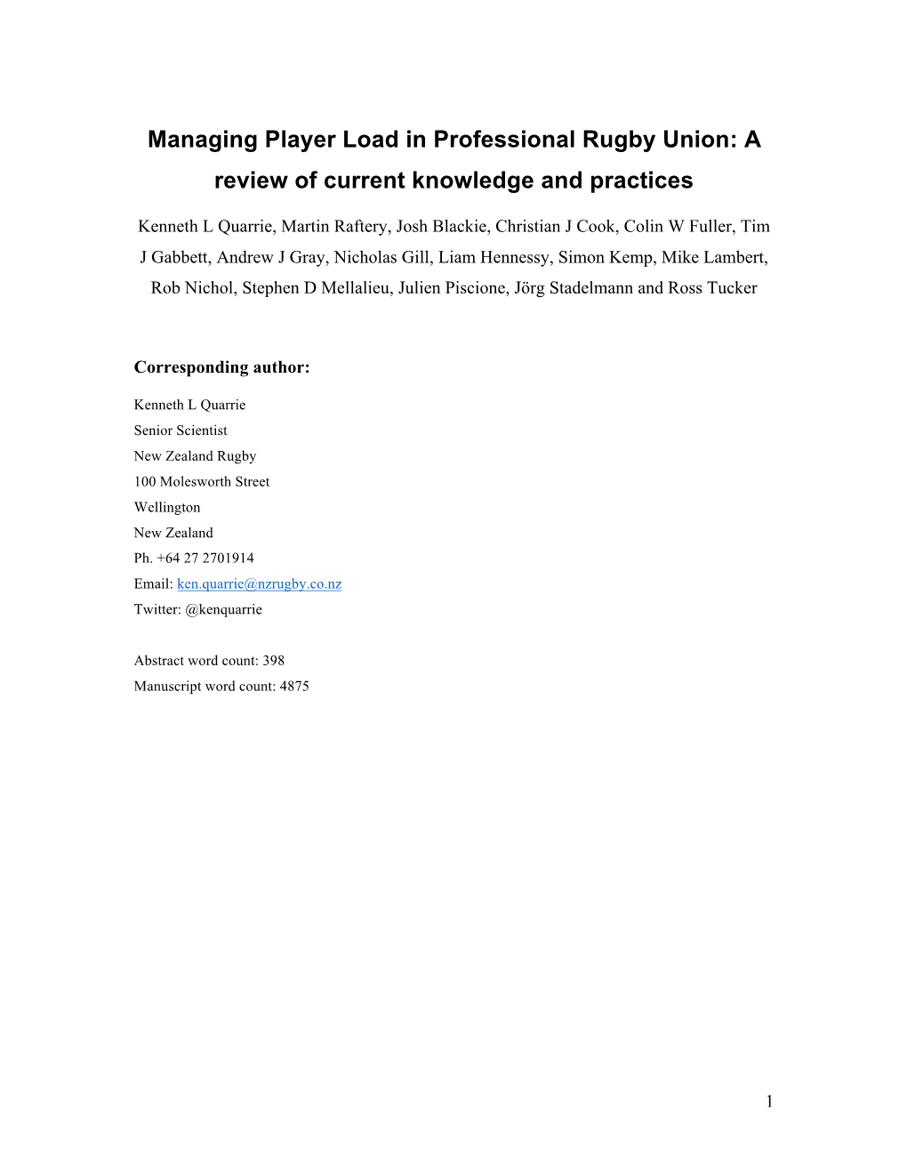 Managing Player Load in Professional Rugby Union: a Review of Current Knowledge and Practices