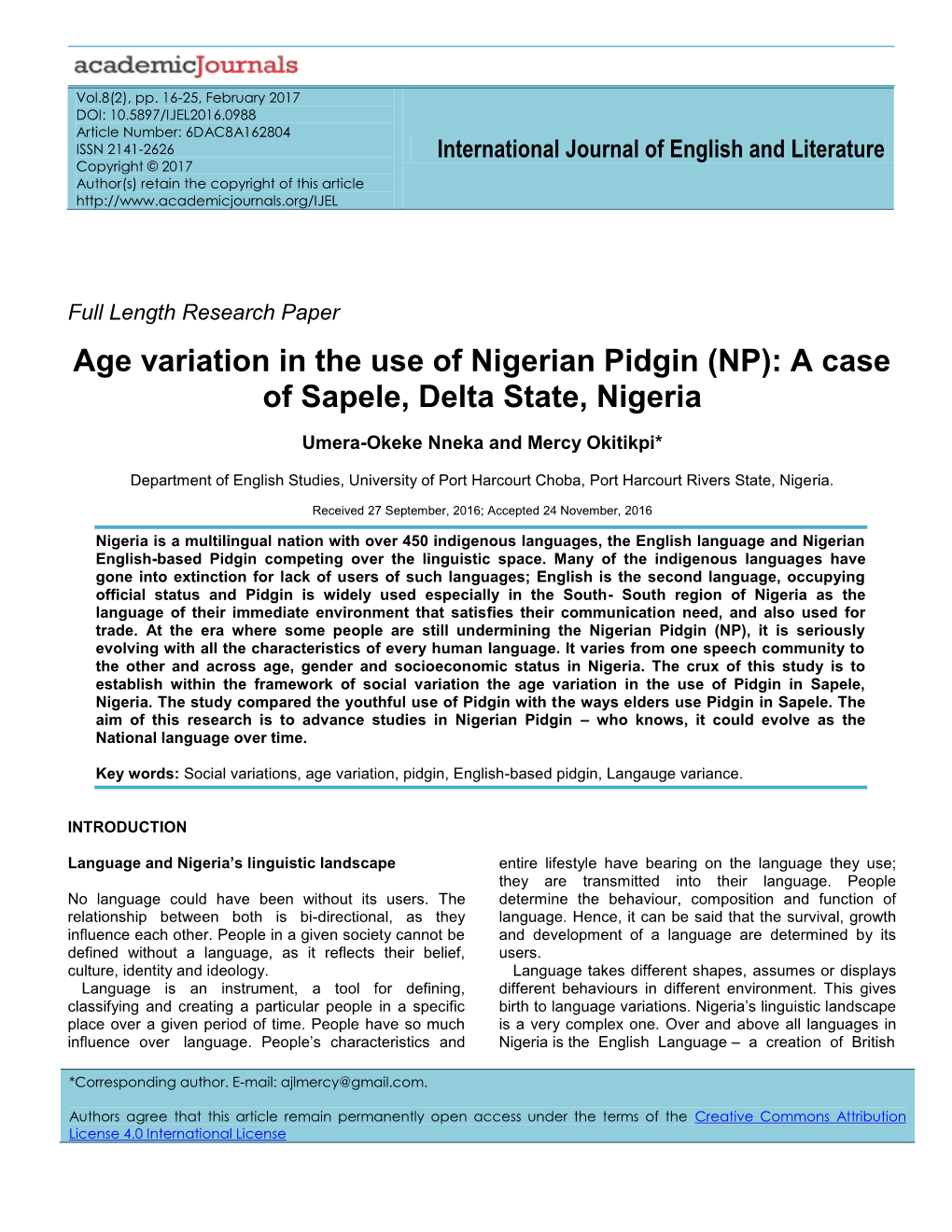 Age Variation in the Use of Nigerian Pidgin (NP): a Case of Sapele, Delta State, Nigeria