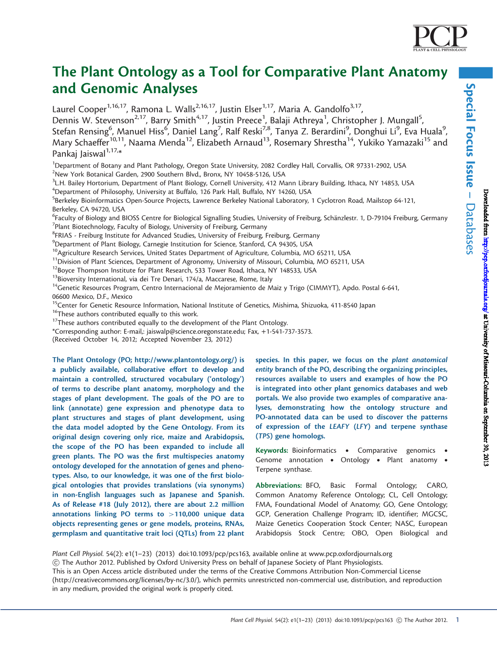 The Plant Ontology As a Tool for Comparative Plant Anatomy and Genomic Analyses Issue Focus Special Laurel Cooper1,16,17, Ramona L