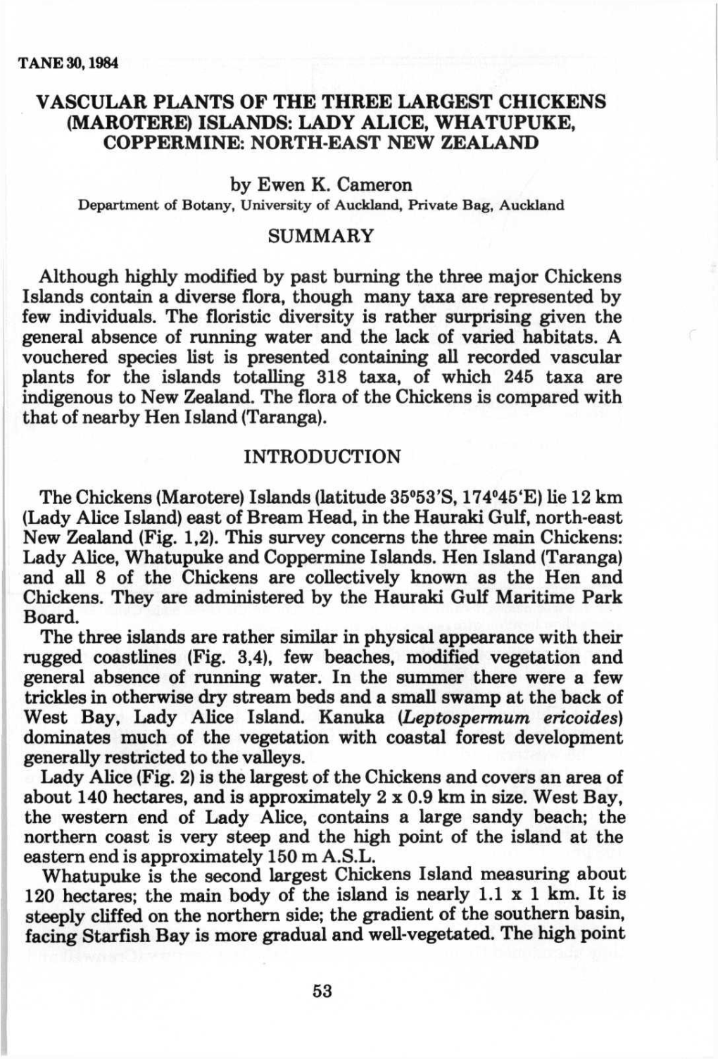 VASCULAR PLANTS of the THREE LARGEST CHICKENS (MAROTERE) ISLANDS: LADY ALICE, WHATUPUKE, COPPERMINE: NORTH-EAST NEW ZEALAND by E