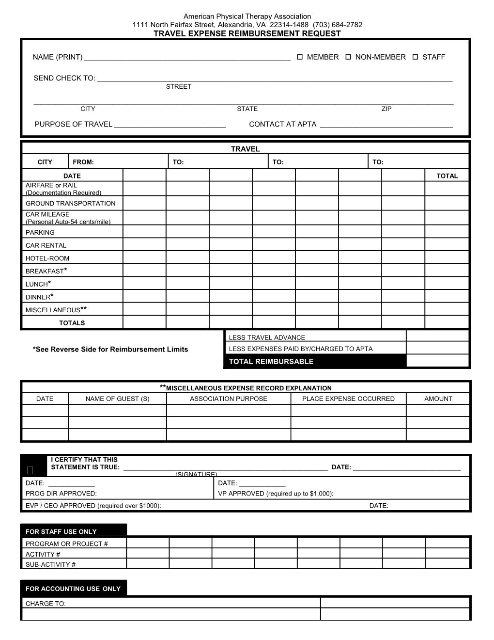 Travel Expense Reimbursement Form 2015 (Word)