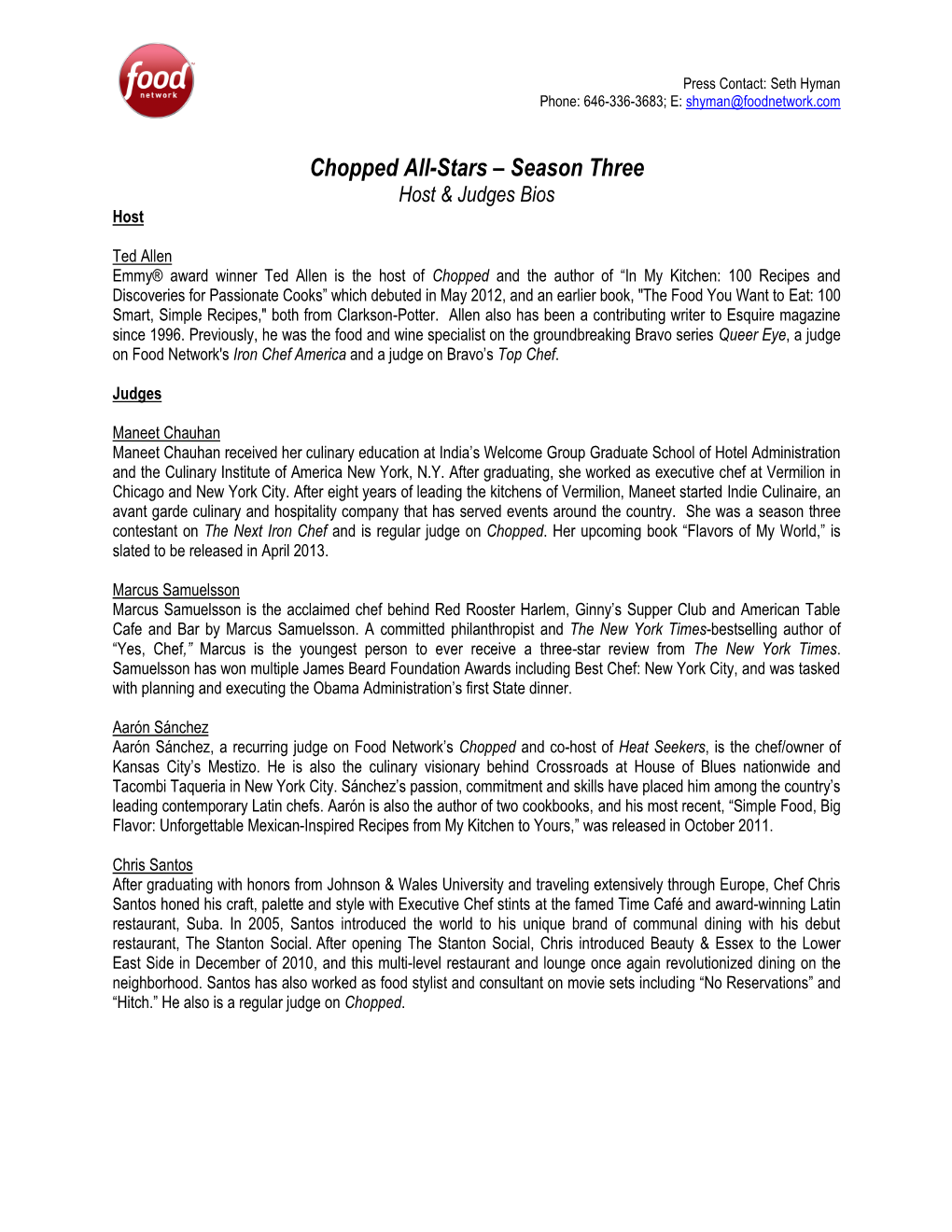 Chopped All-Stars – Season Three Host & Judges Bios Host