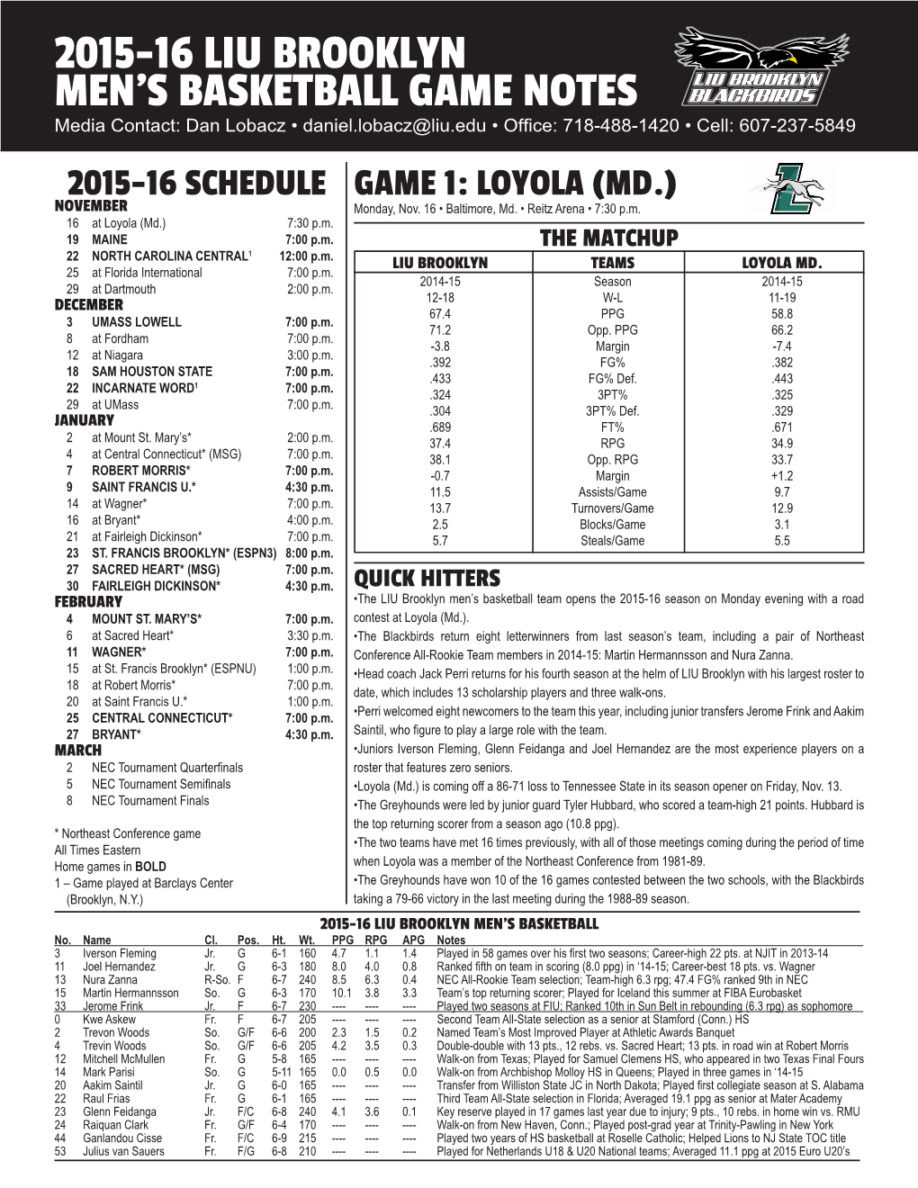 2015-16 Liu Brooklyn Men's Basketball Game Notes