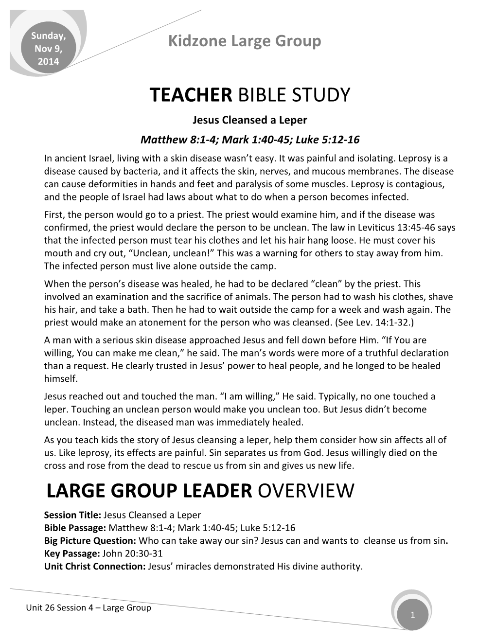 Teacher Bible Study Large Group Leader Overview