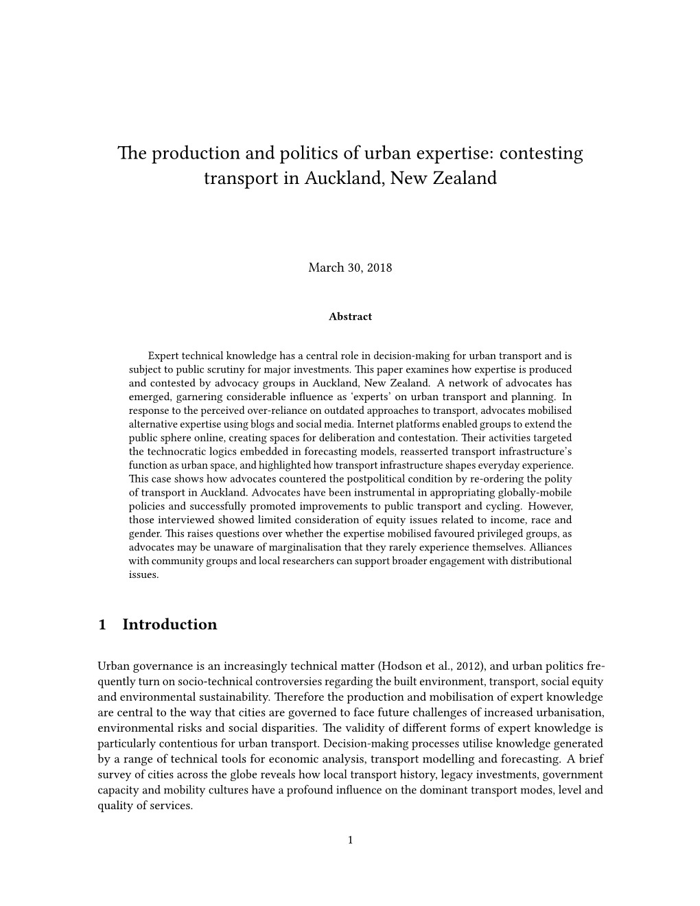 E Production and Politics of Urban Expertise: Contesting Transport in Auckland, New Zealand