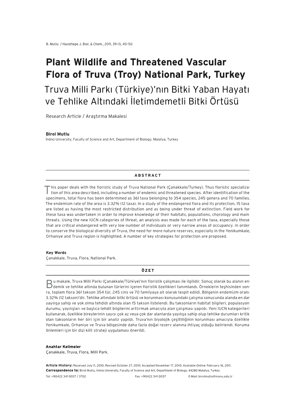 Plant Wildlife and Threatened Vascular Flora of Truva (Troy)