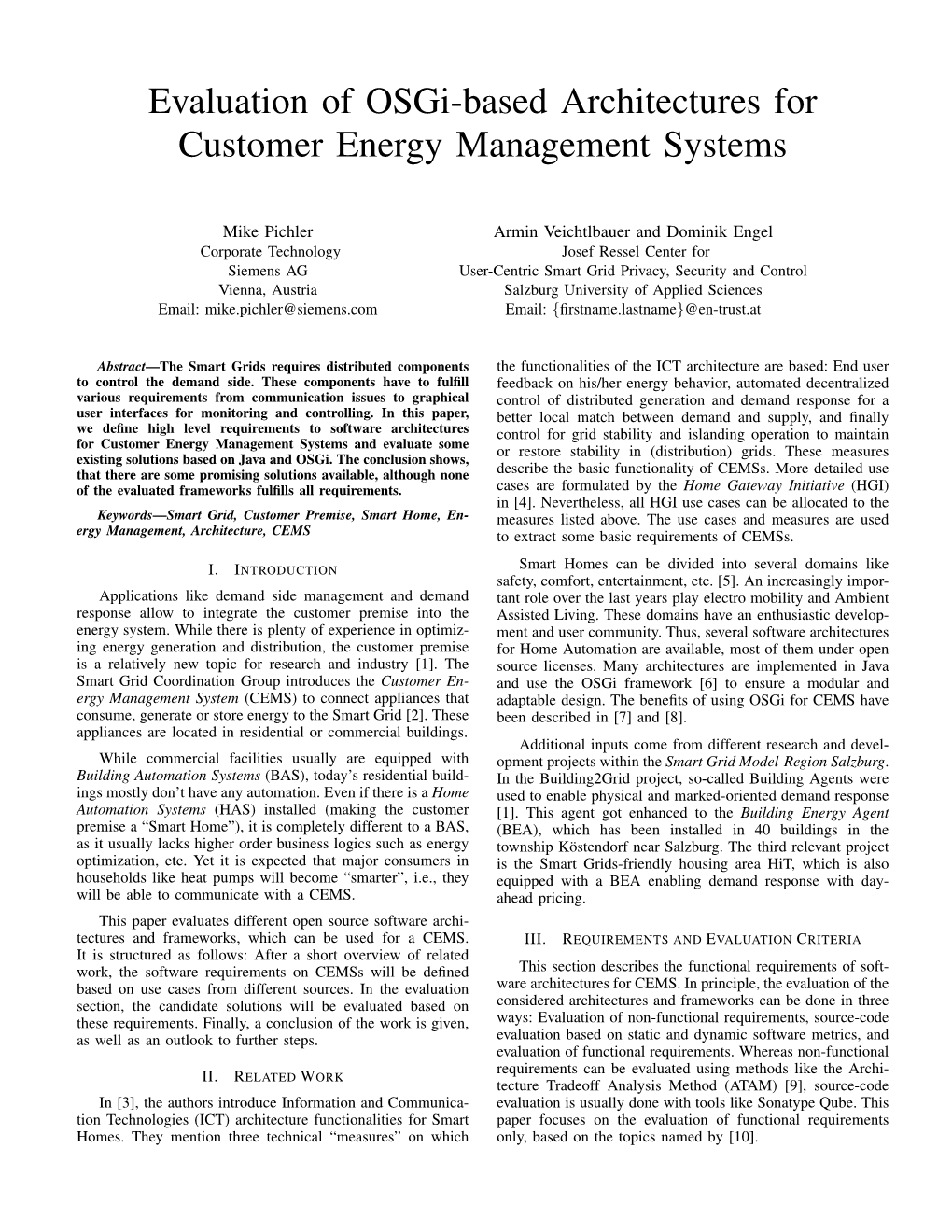Evaluation of Osgi-Based Architectures for Customer Energy Management Systems