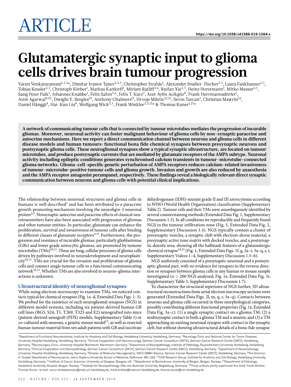Glutamatergic Synaptic Input to Glioma Cells Drives Brain Tumour Progression