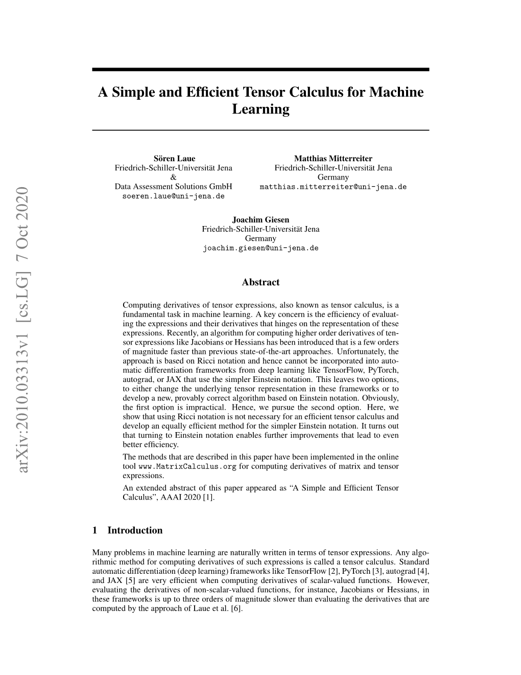 A Simple and Efficient Tensor Calculus for Machine Learning