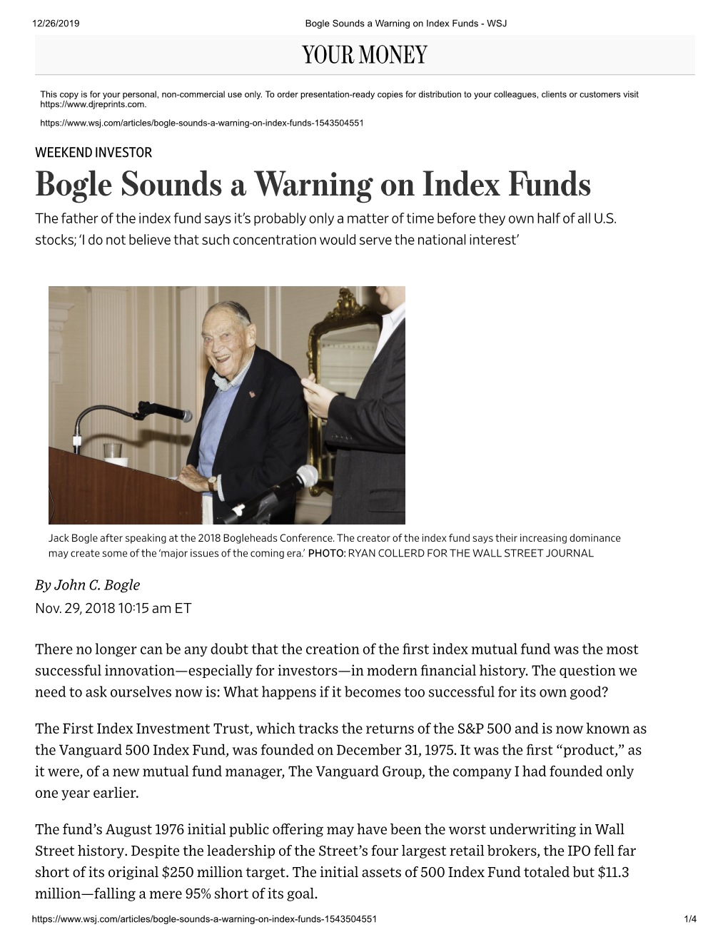 Bogle Sounds a Warning on Index Funds - WSJ YOUR MONEY