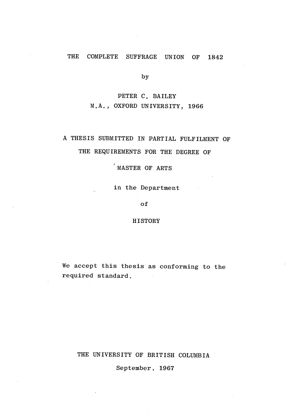 THE COMPLETE SUFFRAGE UNION of 1842 by PETER C. BAILEY M.A