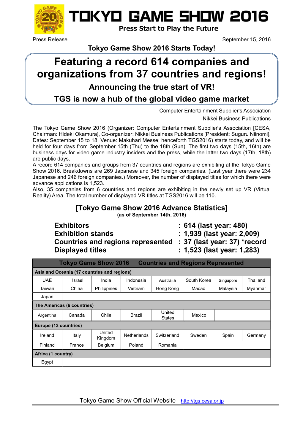 Featuring a Record 614 Companies and Organizations from 37 Countries and Regions! Announcing the True Start of VR! TGS Is Now a Hub of the Global Video Game Market