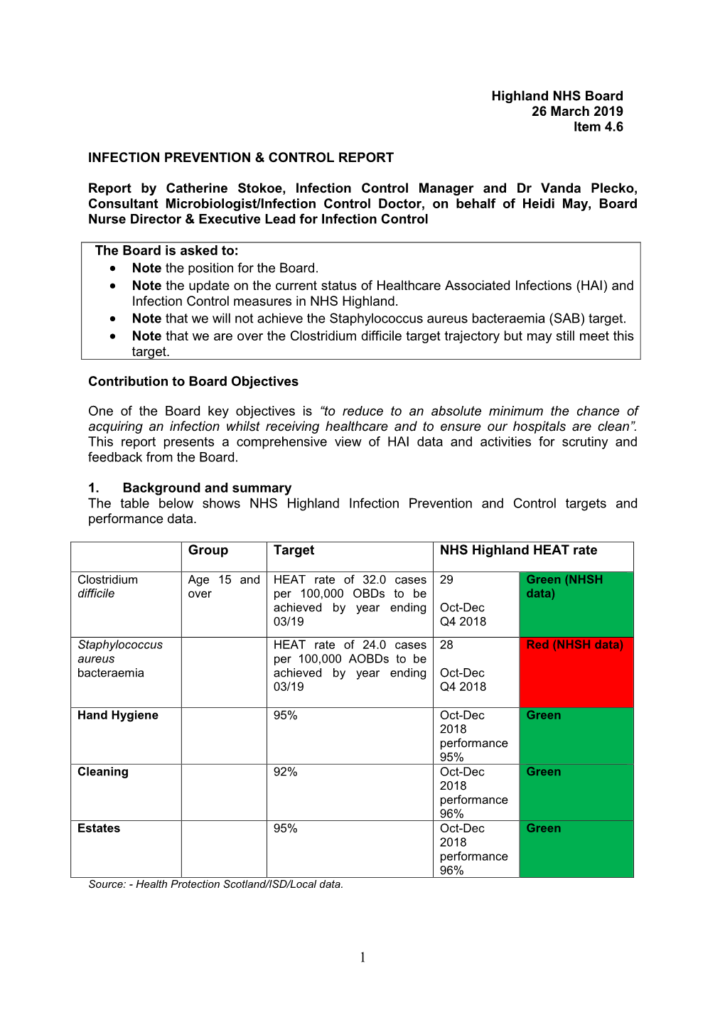 Highland NHS Board 26 March 2019 Item 4.6 INFECTION PREVENTION & CONTROL REPORT Report by Catherine Stokoe, Infectio