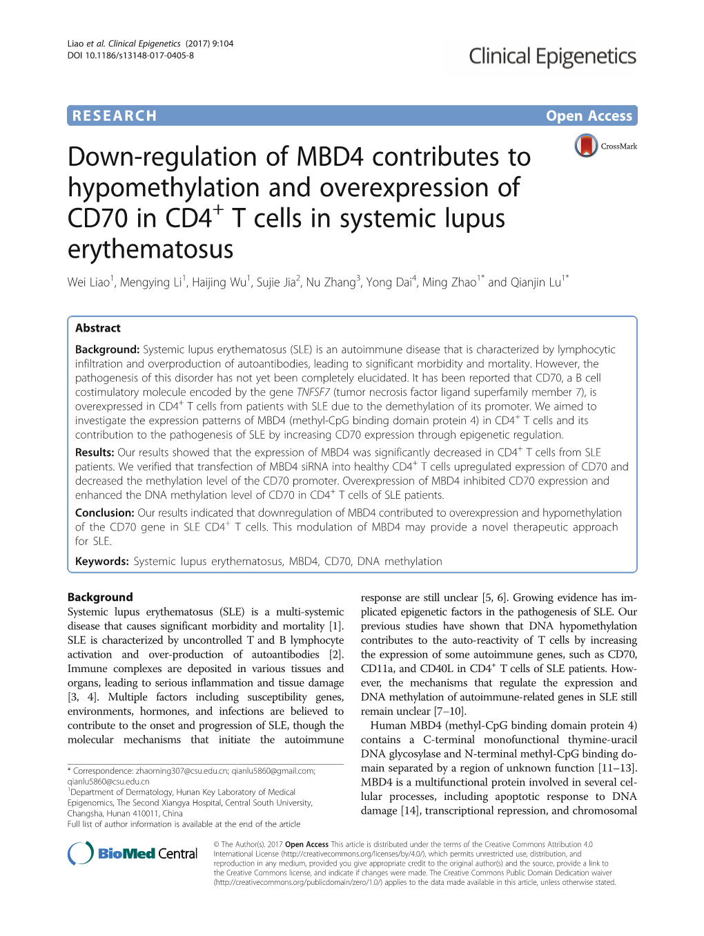 Down-Regulation of MBD4 Contributes to Hypomethylation And