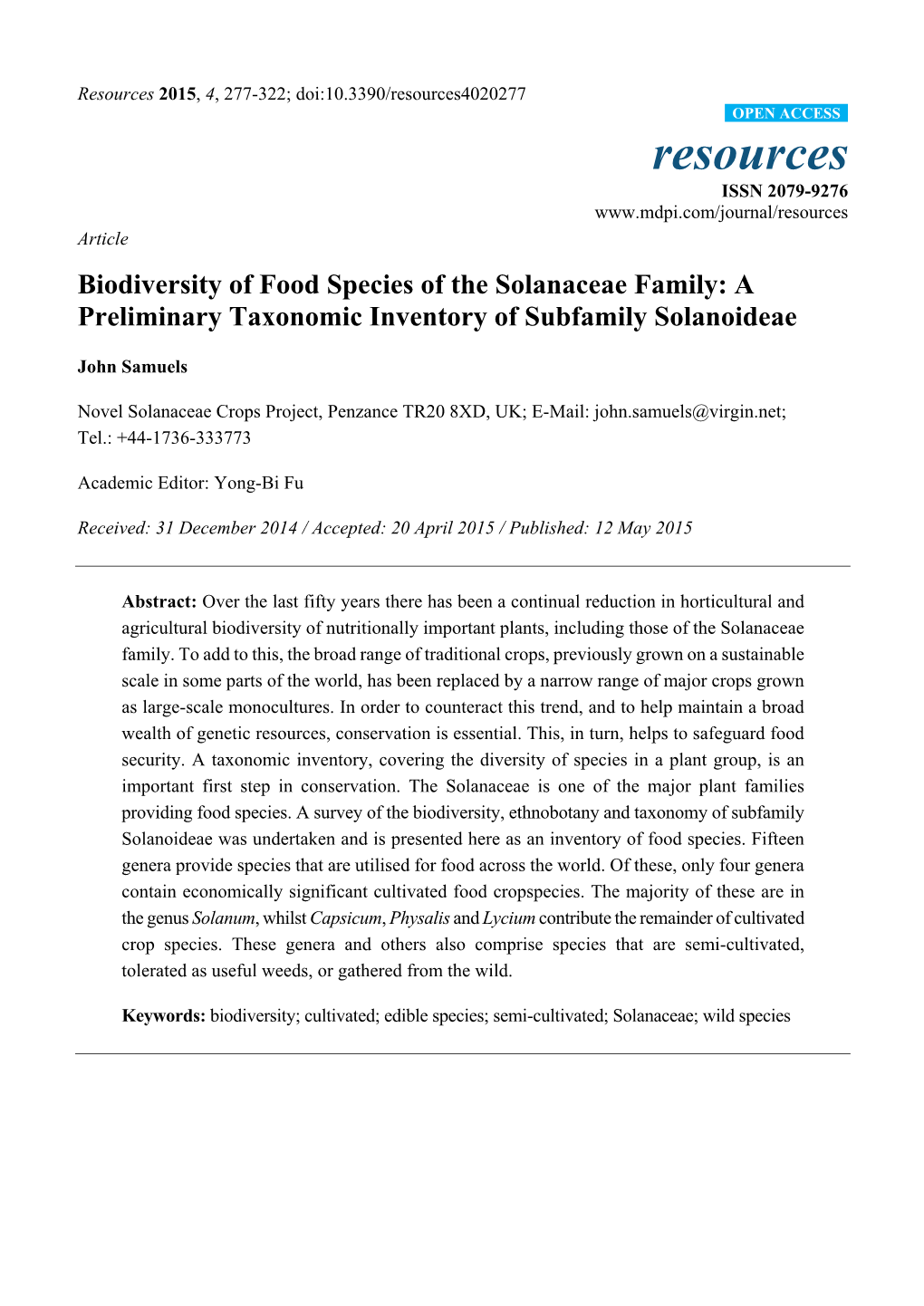 Biodiversity of Food Species of the Solanaceae Family: a Preliminary Taxonomic Inventory of Subfamily Solanoideae