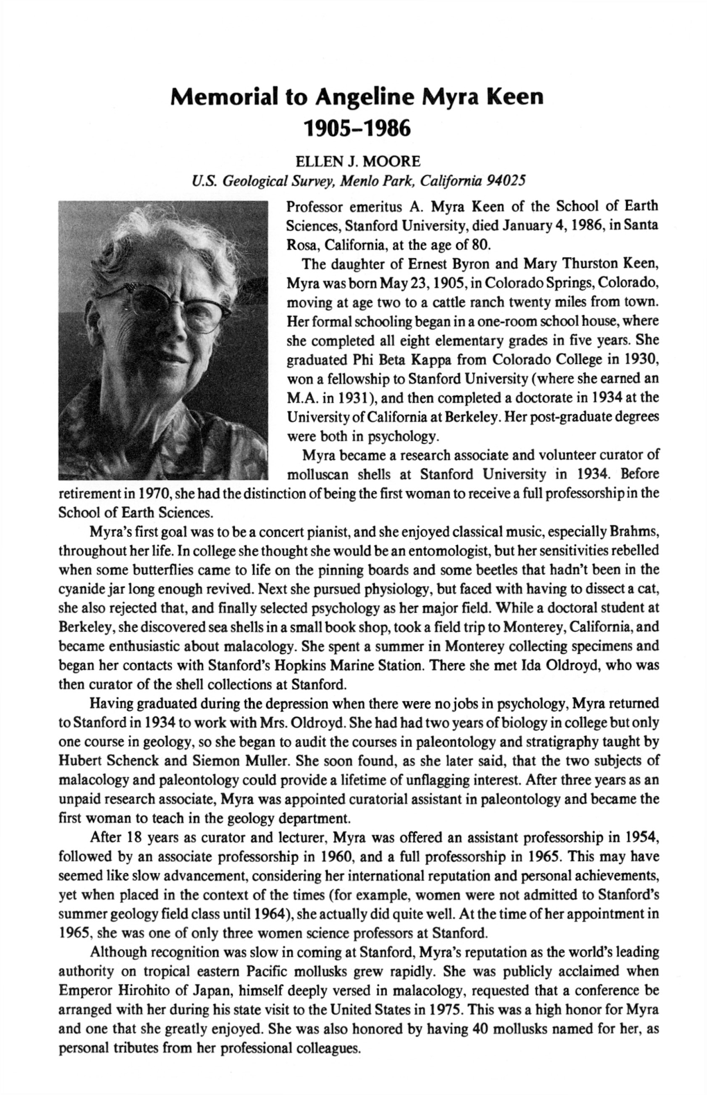 Memorial to Angeline Myra Keen 1905-1986 ELLEN J