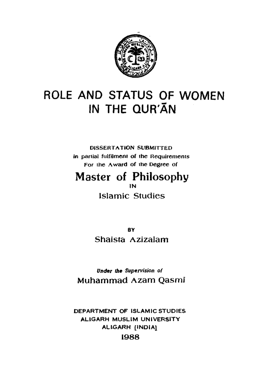ROLE and STATUS of WOMEN in the QUR'an Master of Philosophy
