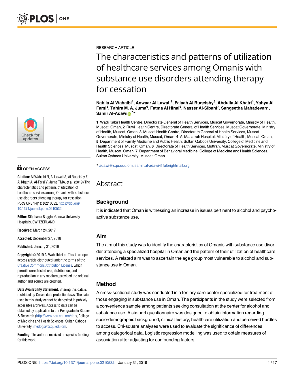 The Characteristics and Patterns of Utilization of Healthcare Services Among Omanis with Substance Use Disorders Attending Therapy for Cessation