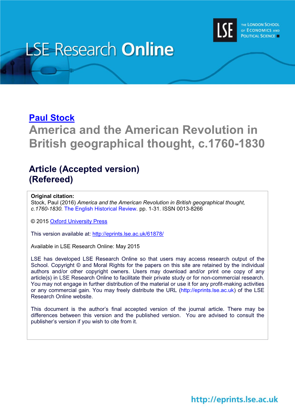 America and the American Revolution in British Geographical Thought, C.1760-1830