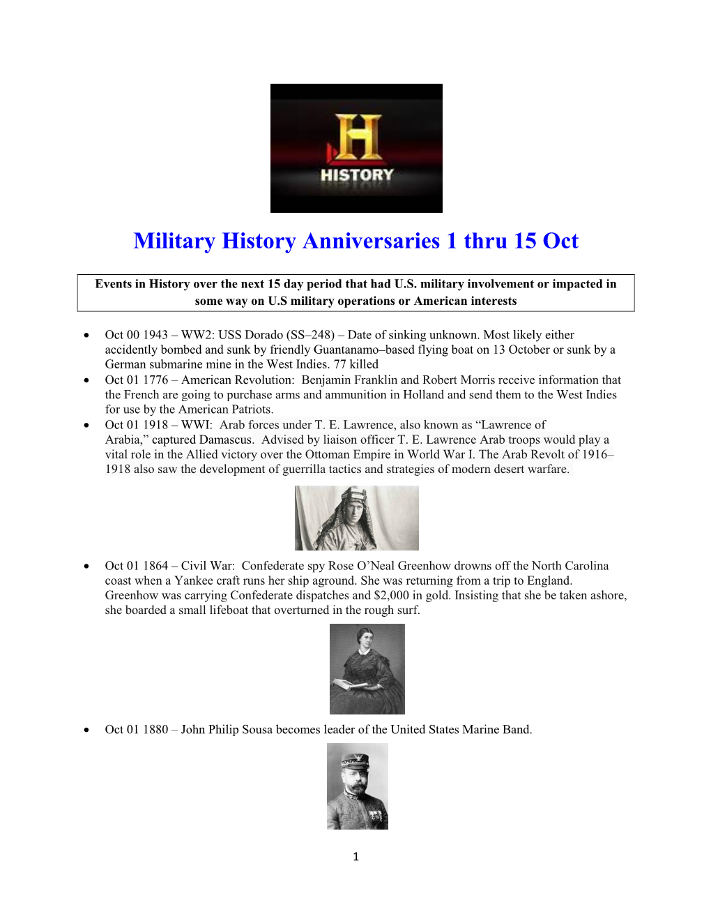 Military History Anniversaries 1001 Thru 101516