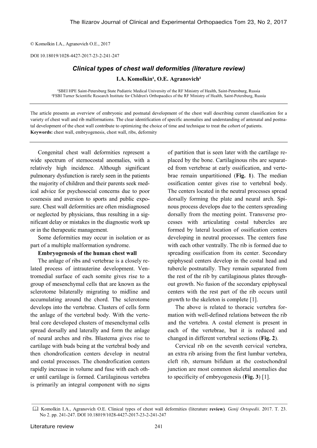 Clinical Types of Chest Wall Deformities (Literature Review) I.A