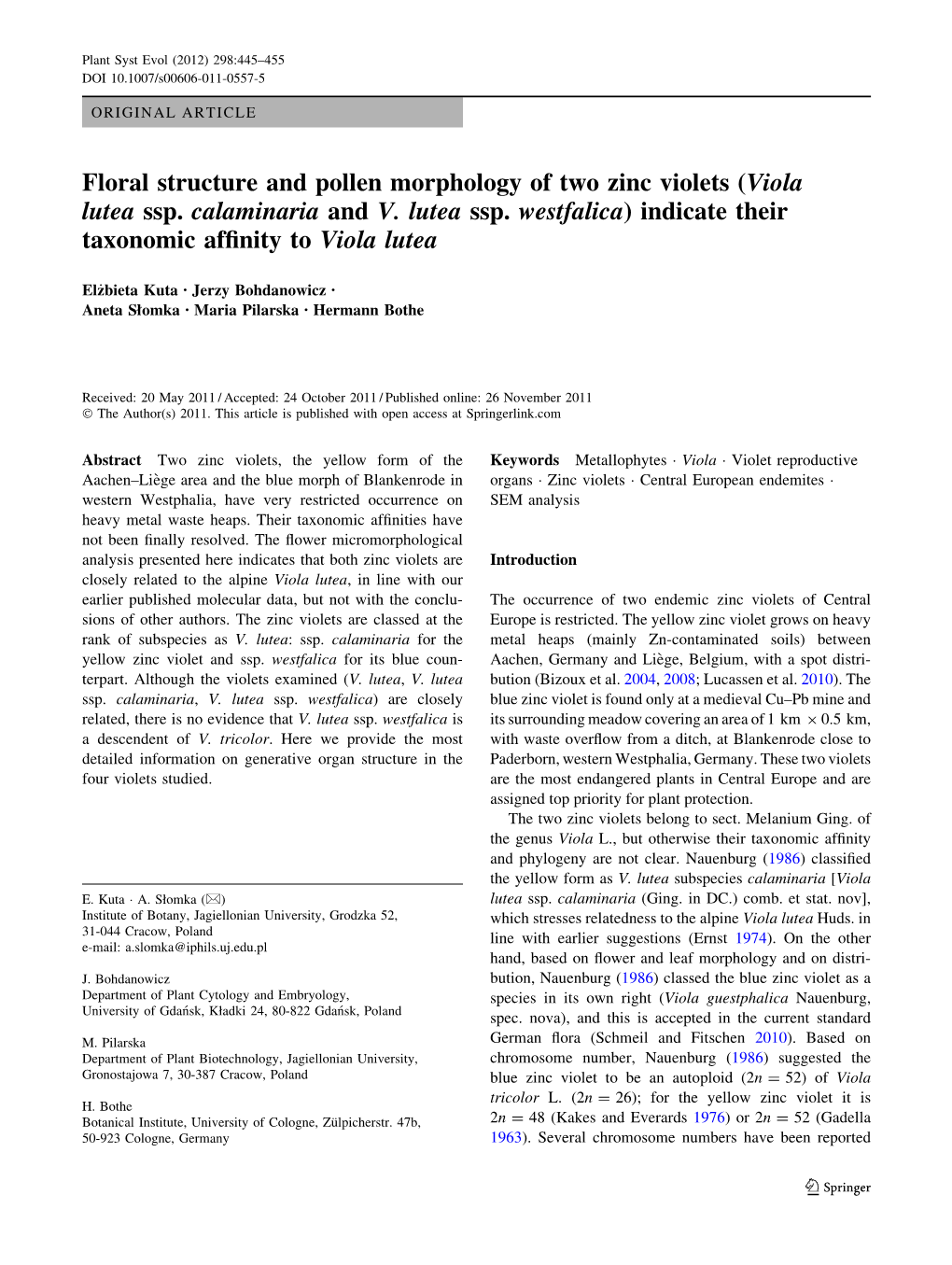 Floral Structure and Pollen Morphology of Two Zinc Violets (Viola Lutea Ssp